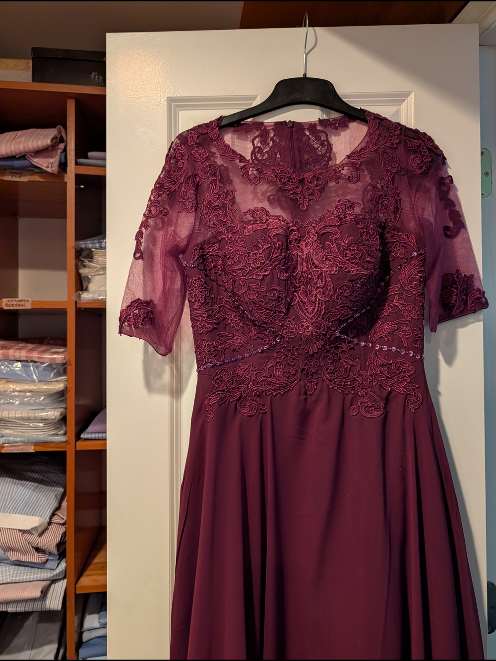 Beaded Lace Overlay Maxi Dress in Cranberry/Burgundy